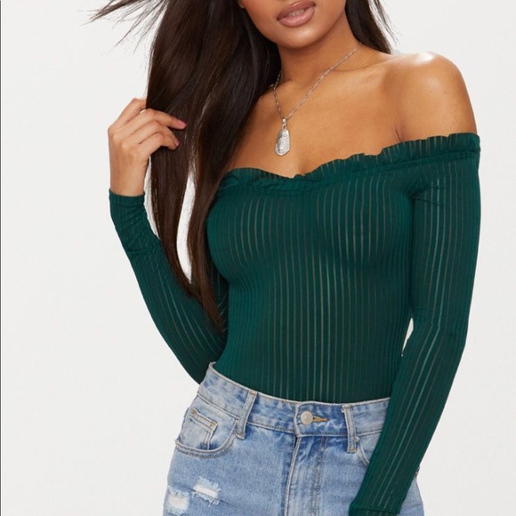 PrettyLittleThing Tops - PLT Emerald Green Mesh Stripe Bardot Bodysuit PrettyLittleThing Tops - PLT Emerald Green Mesh Stripe Bardot Bodysuit